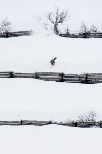 Candide Thovex heading down the avalanche barriers above Stuben in Austria