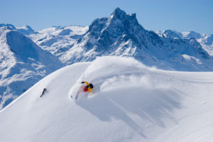 Peter Isaksson turning in front of Pateriol, St Anton Am Arlberg, Austria